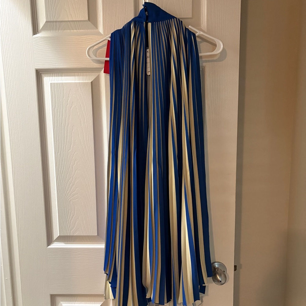 There Magugu Blue and Cream silk Pleated Halter Dress/Cape